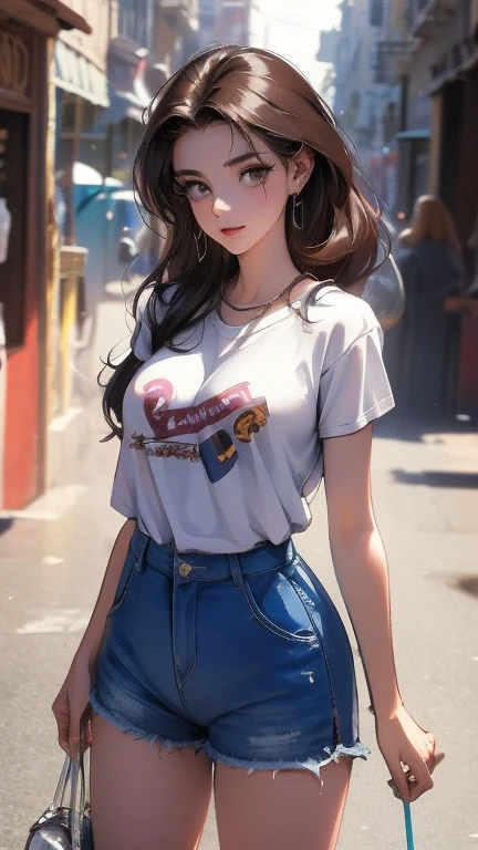 Mujer hermosa, ((24 years old)), calle, camiseta, 1980s, retro, pelo cola de caballo larga y ondulada de pelo oscuro, (obra maestra), extremadamente detallado