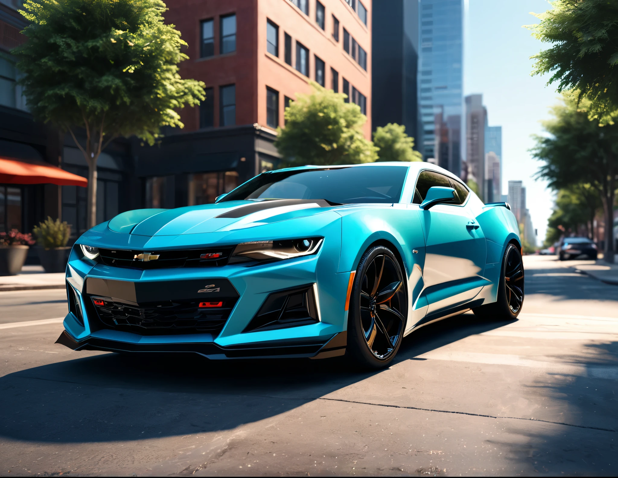3d render of a modern sportscar, 2024 Camaro, cityscape, daytime
