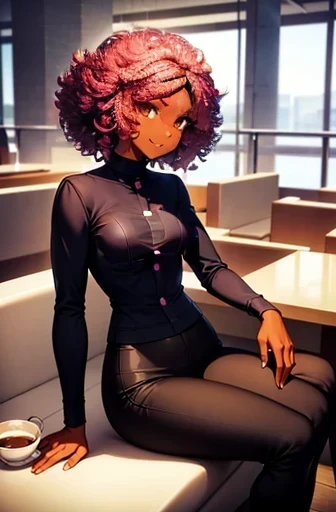 "Black African girl, thick body,black jacket,big boobs bare out and showing , red and black panties, completely naked, showing pussy, pink and purple braided Afro hairstyle"