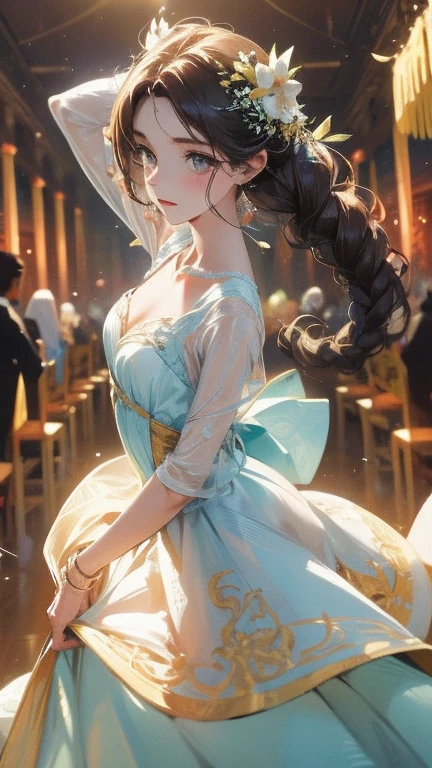 una chica hermosa, Playful and charming. The dress is made of flowy fabric that seems to dance in the breeze. El color es un pastel suave, que recuerda a las flores silvestres que la rodean. The bodice is tight, with intricate embroidery and rhinestones that catch the light. La falda es amplia y fluida., con capas de tela que crujen suavemente cuando se mueve.