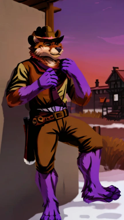 (((snowpride brown fur and purple hands and feet on the cover of a video game cover with no text just a picture, box art video game cover with no text, old Western Village in the background with no people abandoned Village))) , day, sexy, sensual, detailed, uploaded to e621, beautiful and detailed portrait of an anthropomorphic, (((male ))) uploaded to e621, zaush, foxovh, , thicc, alone, Japanese anime style, snowpride brown fur and purple hands and feet, Anime, 
#Style, #artstyle, #Artwork, 
videogame, 
#red dead redemption, #cowboys, #rdr, R3DD34Dstyle, ,((( snowpride brown fur and purple hands and feet))) Japanese anime style,((wearing a cowboy outfit)), 