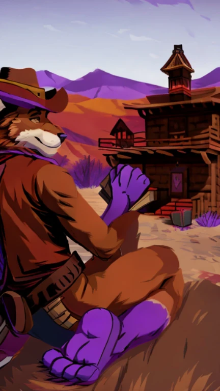 (((snowpride brown fur and purple hands and feet on the cover of a video game cover with no text just a picture, box art video game cover with no text, old Western Village in the background with no people abandoned Village))) , day, sexy, sensual, detailed, uploaded to e621, beautiful and detailed portrait of an anthropomorphic, (((male ))) uploaded to e621, zaush, foxovh, , thicc, alone, Japanese anime style, snowpride brown fur and purple hands and feet, Anime, 
#Style, #artstyle, #Artwork, 
videogame, 
#red dead redemption, #cowboys, #rdr, R3DD34Dstyle, ,((( snowpride brown fur and purple hands and feet))) Japanese anime style,((wearing a cowboy outfit)), 