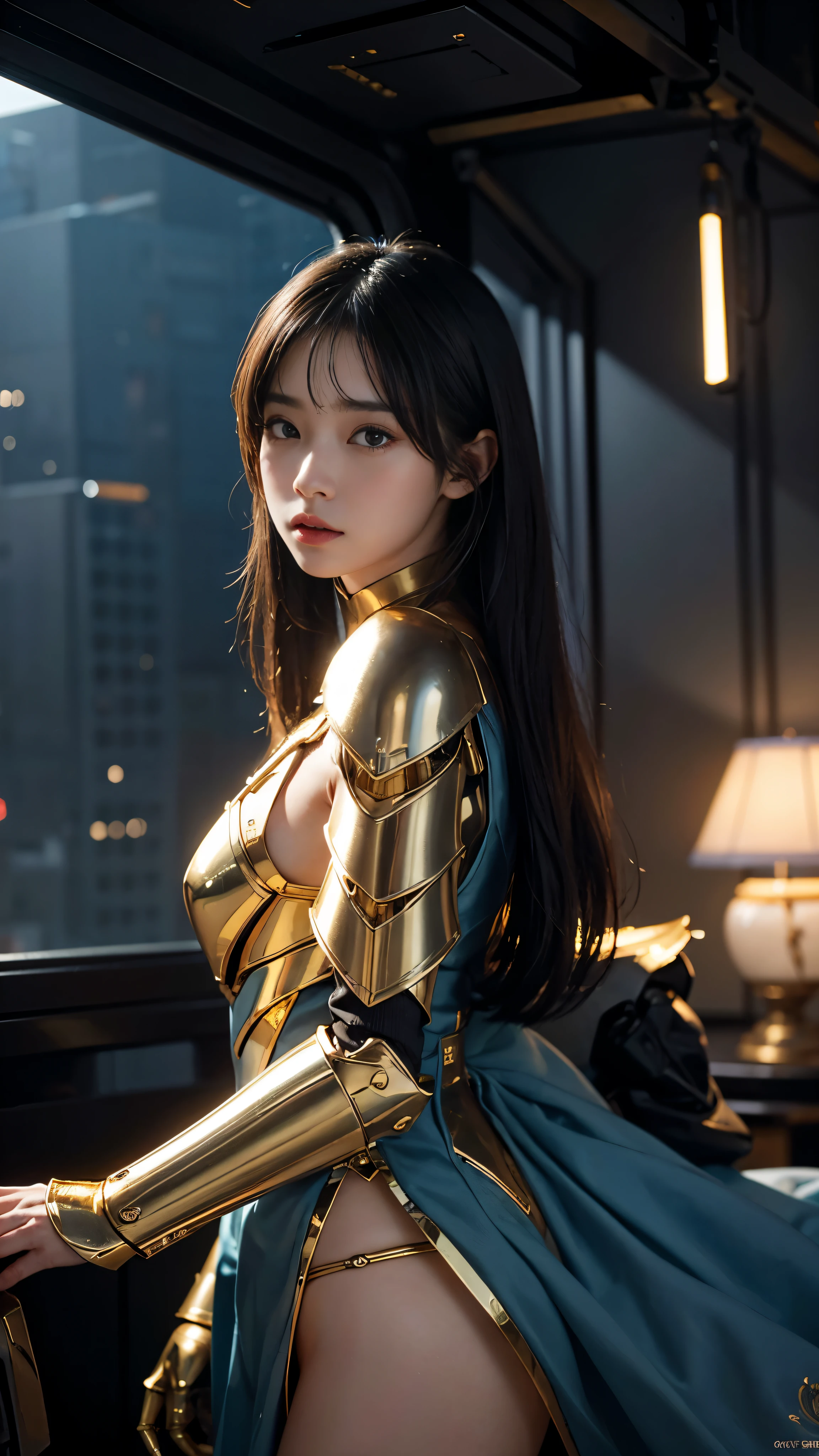 highest quality、masterpiece、An illustration、very delicate and beautiful、very detailedな、CG、unity、8k wallpaper、amazing、fine detailasterpiece、highest quality、official art、very detailed CG unity 8k wallpaper、disorganized、incredibly disorganized、Super detailed、High resolution、very detailed、beautiful detailed girl、light on the face、1girl、Mecha、Gold Armor、mechanical_body、black hair、spaceship、City、cyber punk、star_sky、Star Wars universe