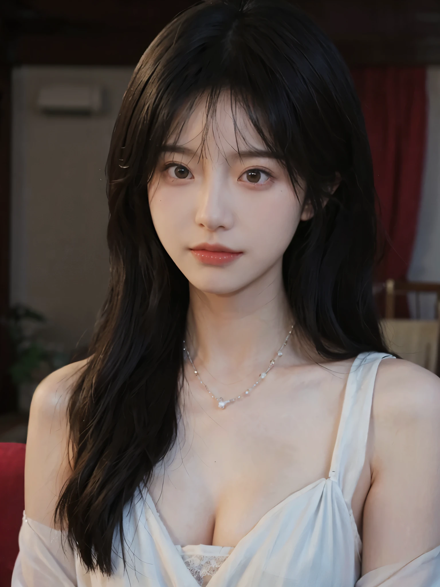 best quality， ultra high resolution， （realistically：1.4），cute hairpin，Baoyu Girl，Standing in the wedding hall，（flat chest：1.2） ，A pair of clear and charming peach blossom eyes,Royal sister，The sun shines on the face，Big wavy hairstyle，（necklace：1.2），（White skin：1.4），a sense of atmosphere，a beautiful girl，Looking directly at the viewer， Close-up cleavage ，(lifelike:1.4),1 girl,Sexy,(Upper body:1.4),(wet),(:1.2)