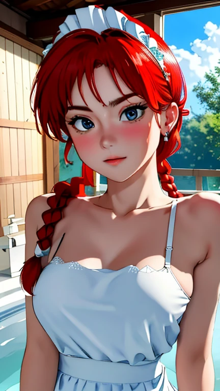 very y, very beautiful feminine cute lus tender sweet luxurious bride RANMA21 posing sexy, hiness, passion doggy stylex, detailederpiece,gh quality, photorealistic, love, Red hair,single braid,blue eyes, tropical beach