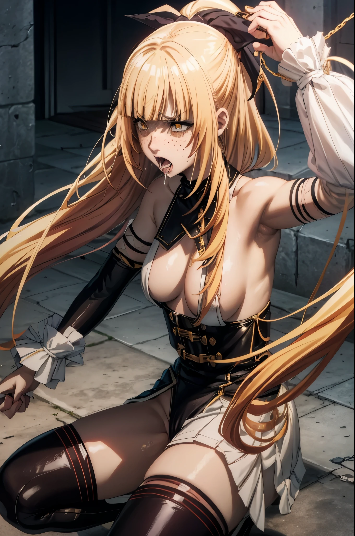 score_9, score_8_up, score_8,blach hair game character, smeared makeup, crying, blush, freckles, very detailed yellow eyes,pretty woman, cute, short hair, medium breasts, ,redhead,30 yo,chained, handcuffed, on her knees, on the ground, gaping asshole, anal gape,scared, 1man, guard, fucked from behind, anal penetration, screaming, crying, sex, tied to a wall, bare breasts, breasts showing, cum covered, tongue out, cum on tongue, hair covering eye, face down, ass up,afraid, scared, screaming, saliva, dripping, crying, edgHarness, wearing edgHarness, leather harness edgChoker, 1girl, solo, close-up, wearing edgChoker Expressiveh, blonde hair