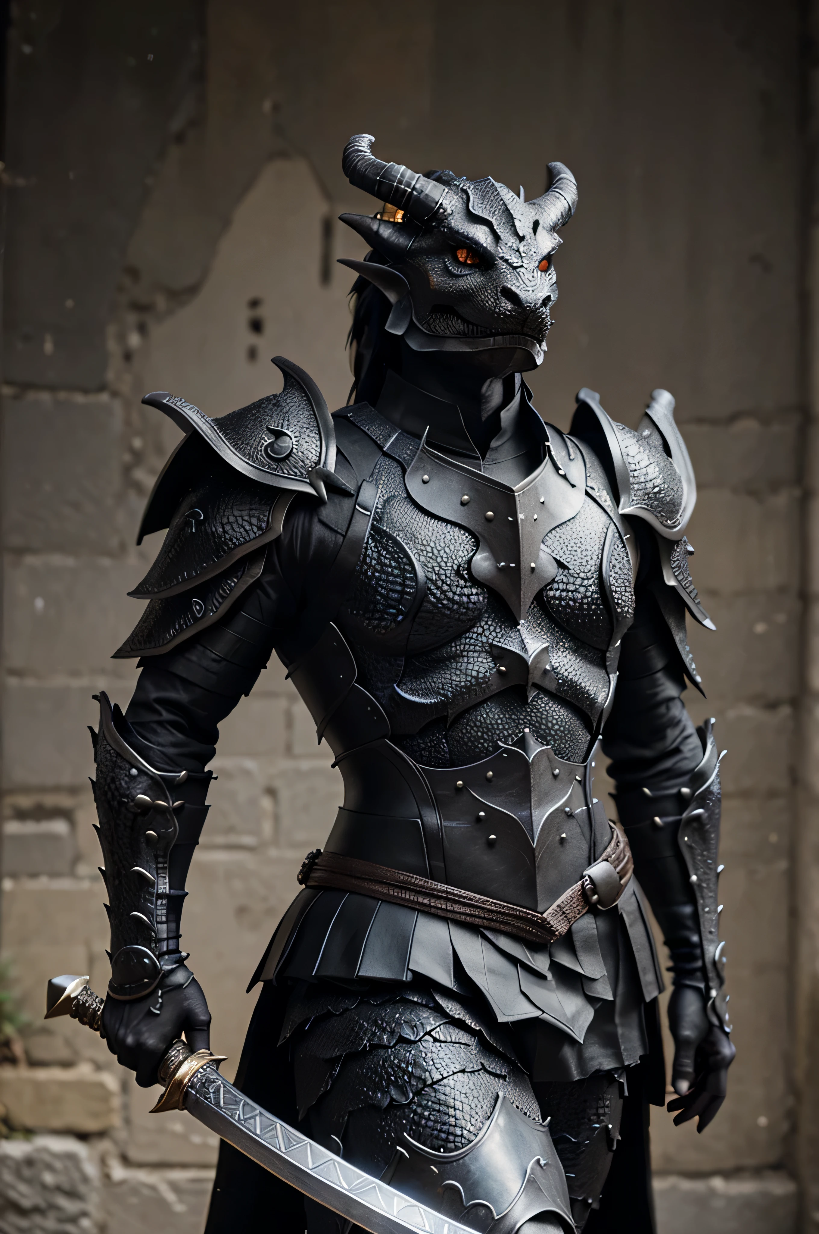 close-up of a dragon with a black sword, winner of the polyaccount competition, hyper detailed fantasy character, Sculptural dragon features,  anthropo male dragon, drawn in lasso style, hand painted textures on model,  armor, Inspired by a demonic dragon, dragon type armor