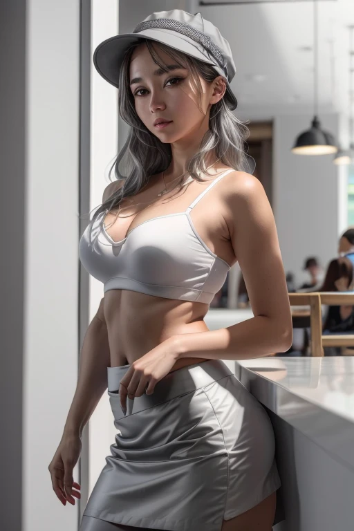 masterpiece, high quality, 最high quality, beautiful, hd, perfect lighting, detailed face, detailed body, 1 girl, alone, (long gray hair), brown eyes, medium breasts, ((white underwear)), ((short gray skirt)), (gray hat), in front of the cafe,