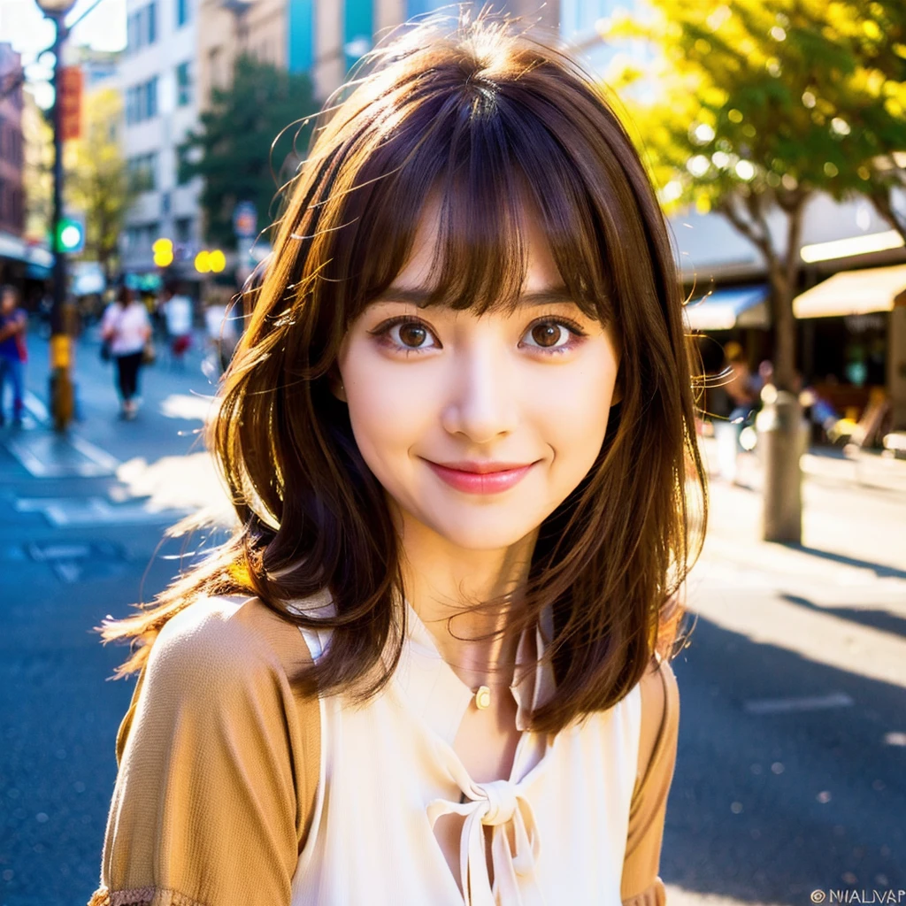 (smile, white skin, happy expression, Beautiful dark brown hair, Shining pure big eyes, Brown pupil, blouse, city street background, medium hair, eyeliner, beautiful bangs, (highest quality, Super detailed, High resolution), photographer, HDR, Bright colors)