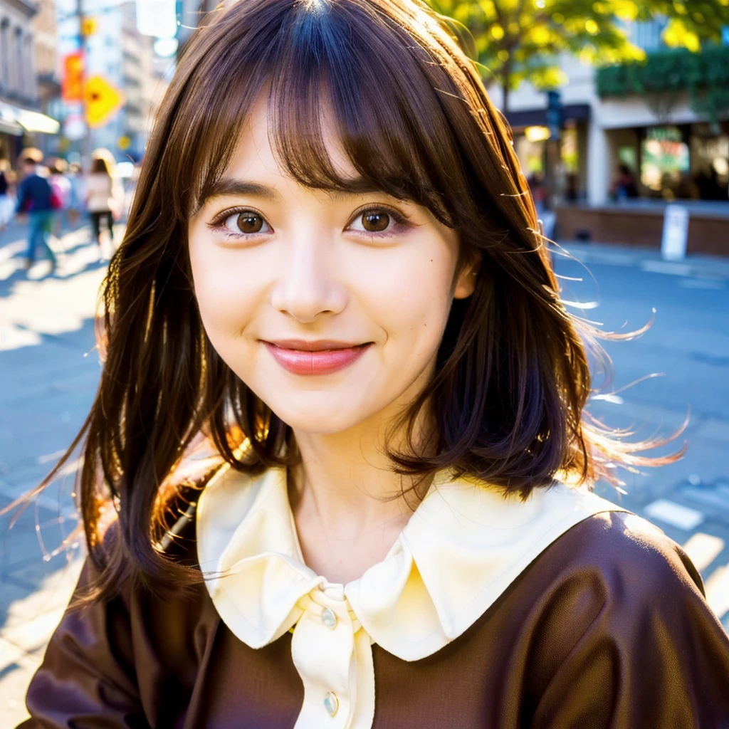 (smile, white skin, happy expression, Beautiful dark brown hair, Shining pure big eyes, Brown pupil, blouse, city street background, medium hair, eyeliner, beautiful bangs, (highest quality, Super detailed, High resolution), photographer, HDR, Bright colors)