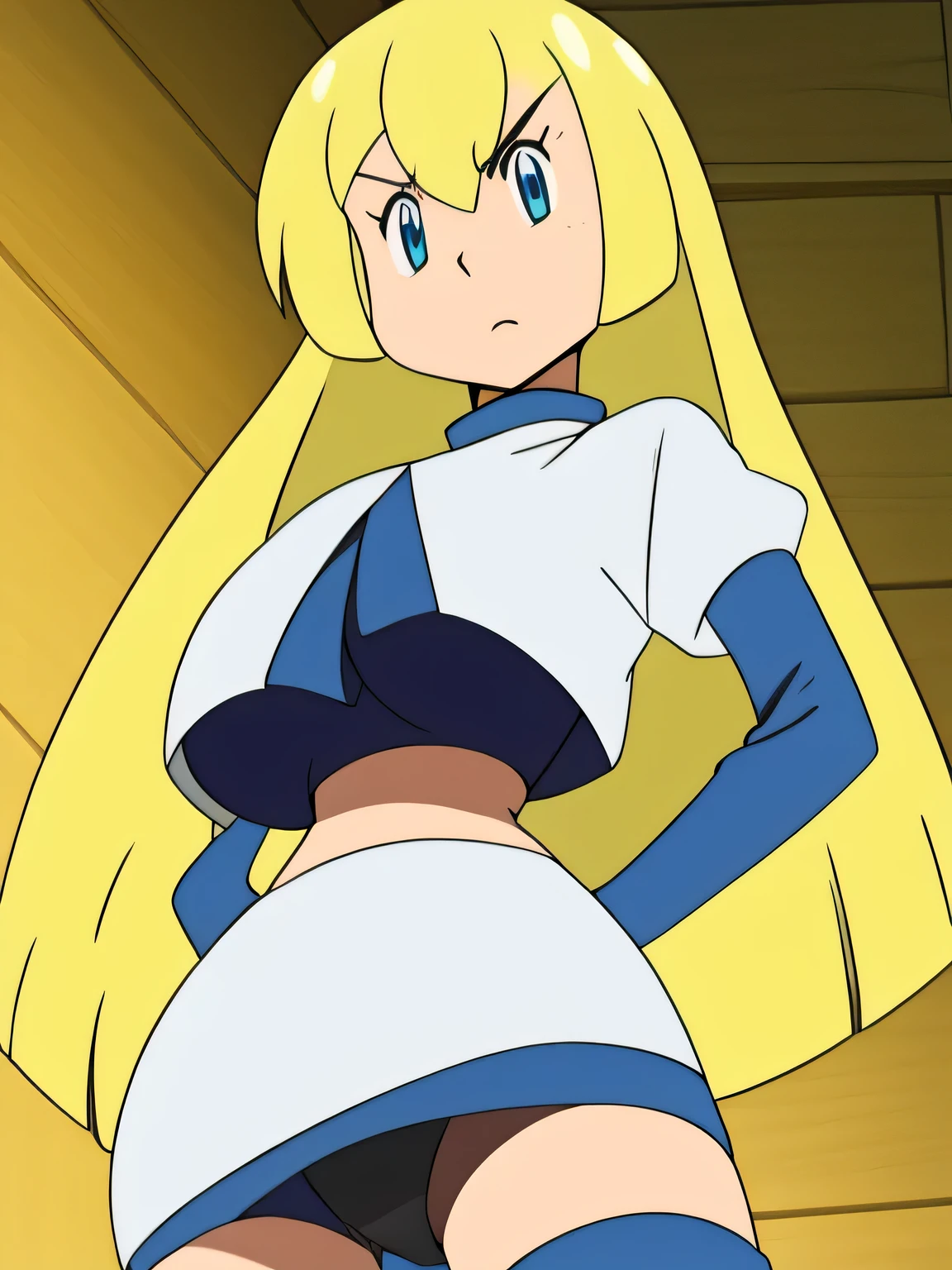 colette brunel,very large breast,8k, masterpiece,highres,very large breast, team rocket uniform, red letter r, white skirt,white crop top,black thigh-high boots, black elbow gloves, glaring angrily, looking down at viewer, hands on hips, cowboy shot, zettai ryouiki,from below, black panties,anime style, vivid colors, sharp focus, intense lighting,
