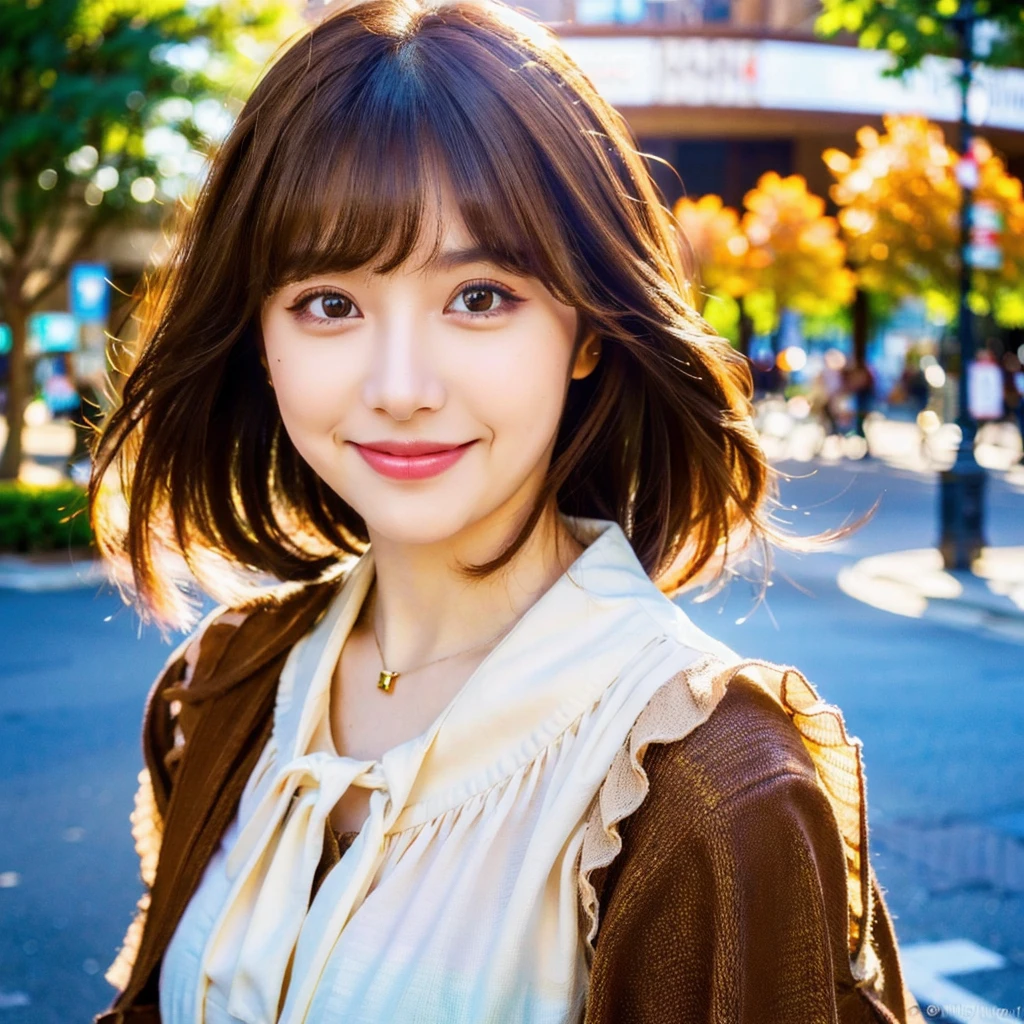 (smile, white skin, happy expression, Beautiful dark brown hair, Shining pure big eyes, Brown pupil, blouse, city street background, medium hair, eyeliner, beautiful bangs, (highest quality, Super detailed, High resolution), photographer, HDR, Bright colors)