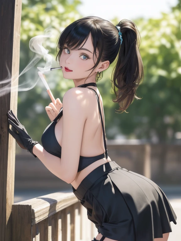 22 years old, (milf:0.8), (solo:1.5), (sfw:1.25), cute breast, beautiful breasts, medium tits,black suspenders,(Bulging ,big breasts:1.1),(Black miniskirt:1.3),garters,Gaze,Small face,bangss,holster,Belt Armament,Beautuful Women, thin waist, big ass:1.0, Raised sexy, (dark green mediumlong hair,side ponytail,hair between eyes,bangs, dark blue eyes, light smile, big , Revimpling fabric, earrings, Hand gloves, detailed face,(smoking:1.3),detailed and beautiful eyes,beautiful detailed lips,Rolling her eyes,manner,(ultra high resolution, 8K RAW photo, photo realistics, thin outline:1.3, clear focus), best qualtiy, natural lighting, textile shading, field depth (Bright pupils, fine detailed beautiful eyes with highlight:1.3, high detailed face), Red lip, fine realistic skins:1.1, looking down viewers:1.3, (dynamic angle:1.3, front view:1.1, breast focus:1.3, from below:1.2), (dynamic posing:1.5, sexy posing:1.2, leaning forward),Youghal, side lock, hair ornaments, hair band,nice,garden background,artistic rendering,Super detailed,(highest quality,4k,8K,High resolution,masterpiece:1.2),Bright colors,studio lighting ,in usa military base,