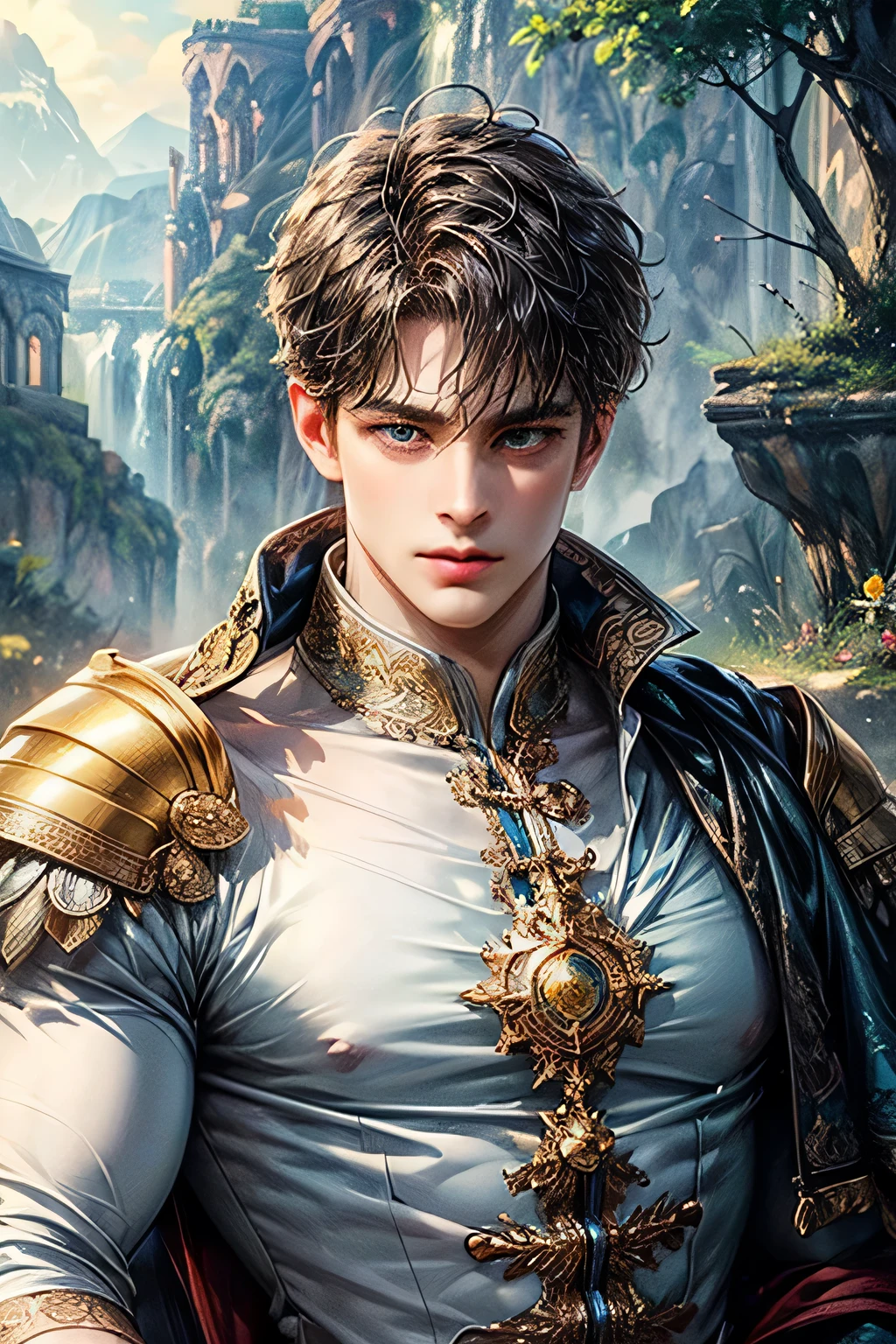 ((Best quality)), ((masterpiece)), (detailed), ((perfect face)), ((halfbody)) handsome face, male, perfect proportions , detailed scenery background, Black hair, short fluffy hair, blue eyes, muscled body