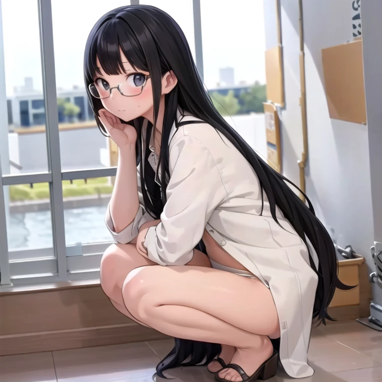 highest quality, Super detailed, figure,
1 girl, Glasses, black hair, long hair, black eye, , blush, looking at the viewer, Are standing,
kaidan, stage, scenery, window, realistic, photograph background, photograph (Moderate) Crouching、panties
 