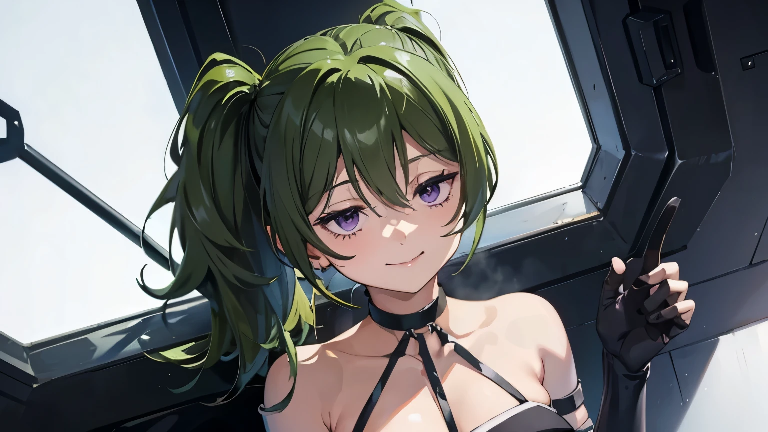 core_9, score_8_up, score_7_up, score_6_up, score_5_up, score_4_up, source_anime, screenshot, Uber, 1 girl, green hair, bangs, hair between the eyes, side ponytail, purple eyes, black choker, collarbone, sleeveless, black dress , sleeveless dress, halter neck, pleated skirt, black gloves, smile, half-closed eyes, close-up of face