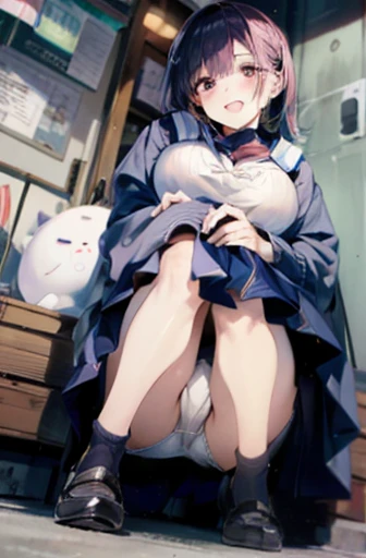(masterpiece:1.2, highest quality, ultra high resolution, super detailed), (realistic, photorealistic:1.4), beautiful illustrations, (natural side lighting, movie lighting),
looking at the viewer, 1 girl, Japanese, high school girl, perfect face, (perfect anatomy), Cute symmetrical face, shiny skin, thin, 、Underwear that's digging in、white underwear
(short hair, side ponytail, purple hair), asymmetrical bangs, dark red eyes, droopy eyes, Big eyes, long eyelash, (medium breasts),
beautiful hair, beautiful face, detailed and beautiful eyes, beautiful clavicle, beautiful body, beautiful breasts, beautiful thighs, beautiful feet,
((dark pink cardigan, Blue line on white sailor suit, navy pleated skirt, white sailor collar, Red Sailor Scarf)), Pink hair scrunchie, navy school bag,
(beautiful scenery), Depth of the bounds written, morning, (riverside, distant cityscape), (cute smile, upper eye, open your mouth),
