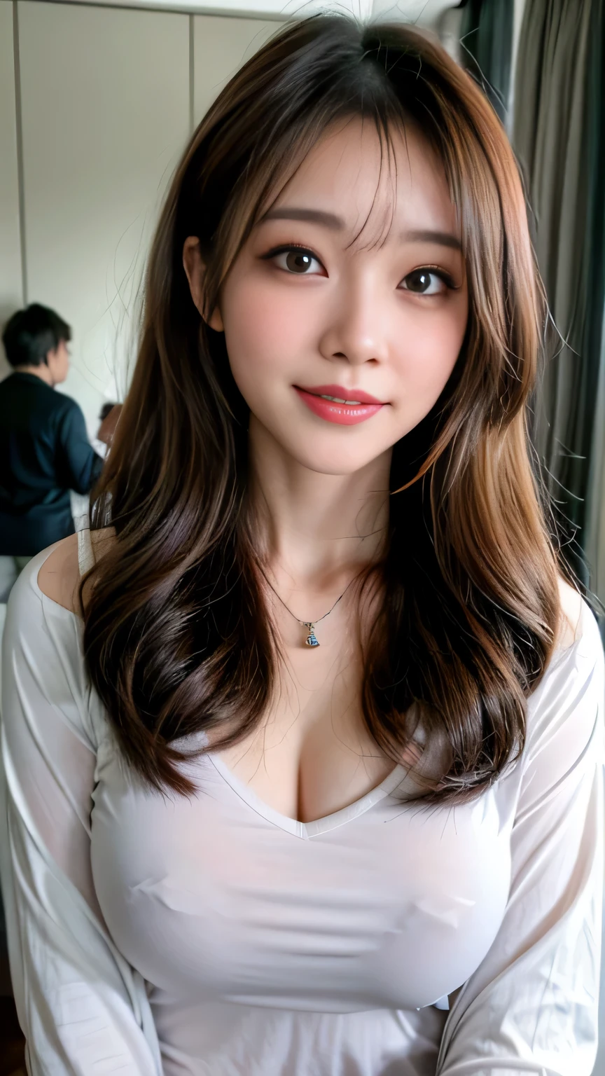 ((highest quality, 8K, masterpiece: 1.3)), concentrated: 1.2, Cute girl 1,nipples erect、Braless walk、 perfect beauty: 1.4,hoodie: 1.2,long sleeve、randal color、comics&Text Graphics、Black ruffle-trimmed drawstring zip blouse,1.1, Highly detailed face and skin textures, fine eyes, double eyelid, whitening skin, ,highest quality,ultra high resolution,you,1 girl,alone,_shiny_skin,black eye,necklace,((Brown_length_wavy_hair)),(lips)),eyelash,front hair,deal with,compensate,shiny,pore,skin texture,big breasts、smiling face、living、