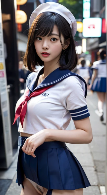 ((realistic lighting、highest quality、8K、masterpiece:1.3))、clear focus:1.2、1 girl、perfect body beauty:1.4、slim abs:1.1、((short black hair、small breasts))、(White sailor suit and navy blue skirt:1.4)、(street)、Idol、super fine face、finely tuned、double eyelid、dark brown eyes、(bangs)、(hyper pretty face:1.5), (japanese women:1.5), (16 years old)、beautiful woman、high school girl、、((No panties:1.5))
