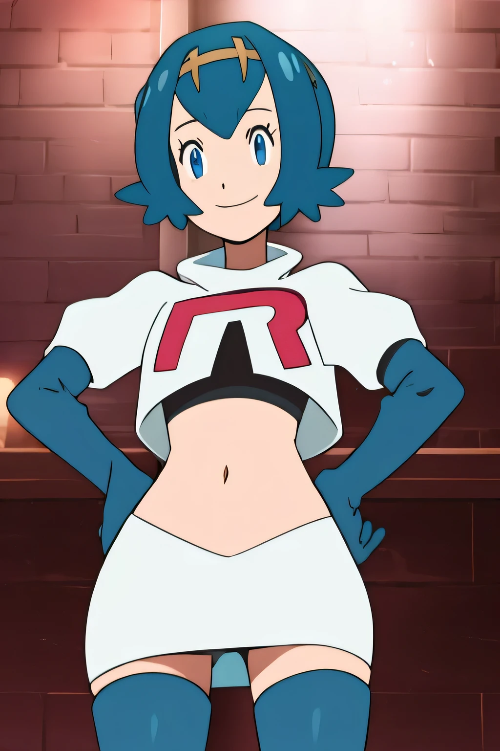 8k, masterpiece,highres, team rocket uniform, red letter r, white skirt,white crop top,black thigh-high boots, black elbow gloves, smiling, looking down at viewer, hands on hips, cowboy shot, zettai ryouiki,from below, black panties,anime style, vivid colors, sharp focus, intense lighting,lucina fe ,blue hair, short hair,
