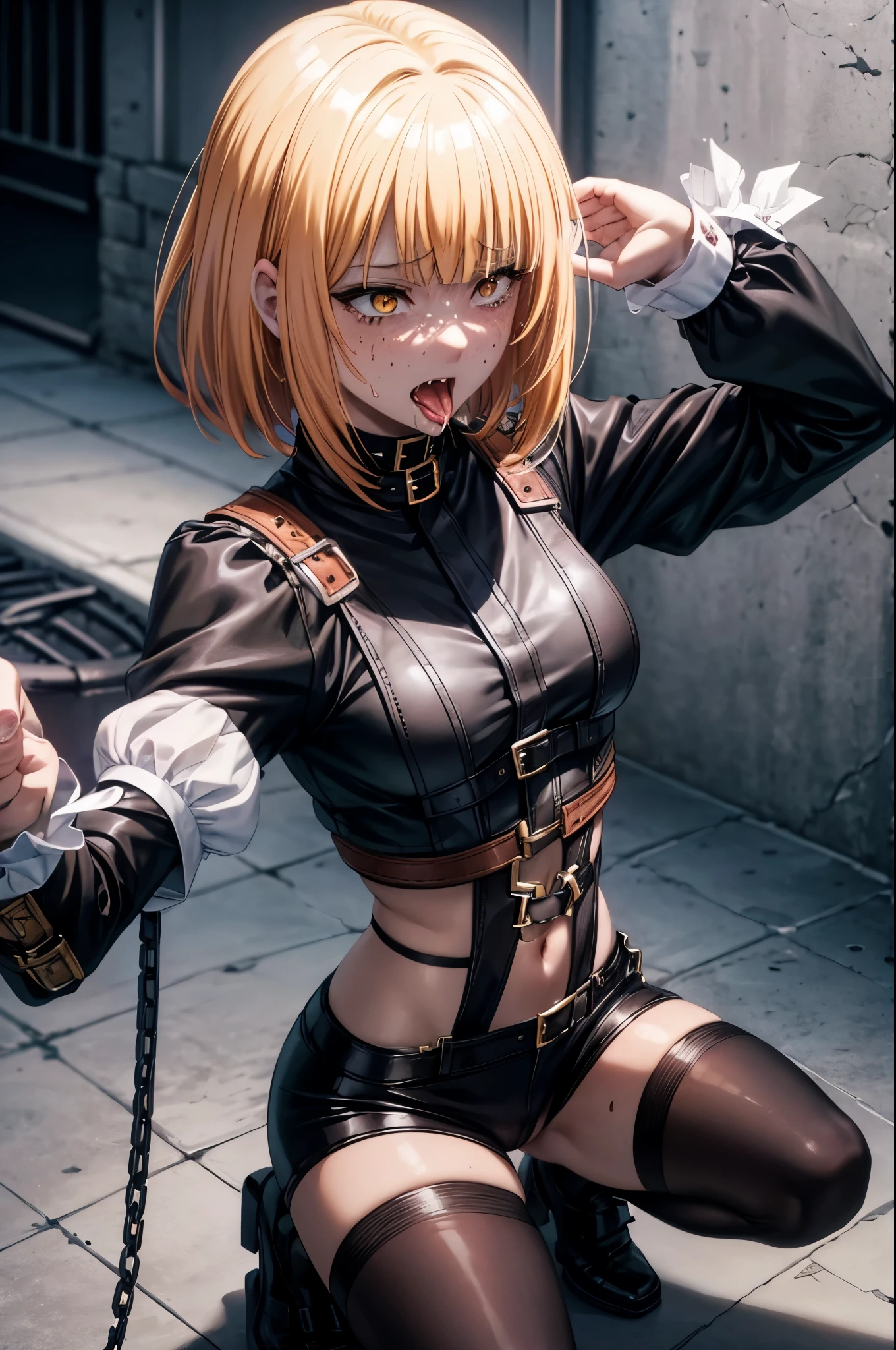score_9, score_8_up, score_8,blach hair game character, smeared makeup, crying, blush, freckles, very detailed yellow eyes,pretty woman, cute, short hair, medium breasts, ,redhead,30 yo,chained, handcuffed, on her knees, on the ground, gaping asshole, anal gape,scared, 1man, guard, fucked from behind, anal penetration, screaming, crying, sex, tied to a wall, bare breasts, breasts showing, cum covered, tongue out, cum on tongue, hair covering eye, face down, ass up,afraid, scared, screaming, saliva, dripping, crying, edgHarness, wearing edgHarness, leather harness edgChoker, 1girl, solo, close-up, wearing edgChoker Expressiveh, blonde hair