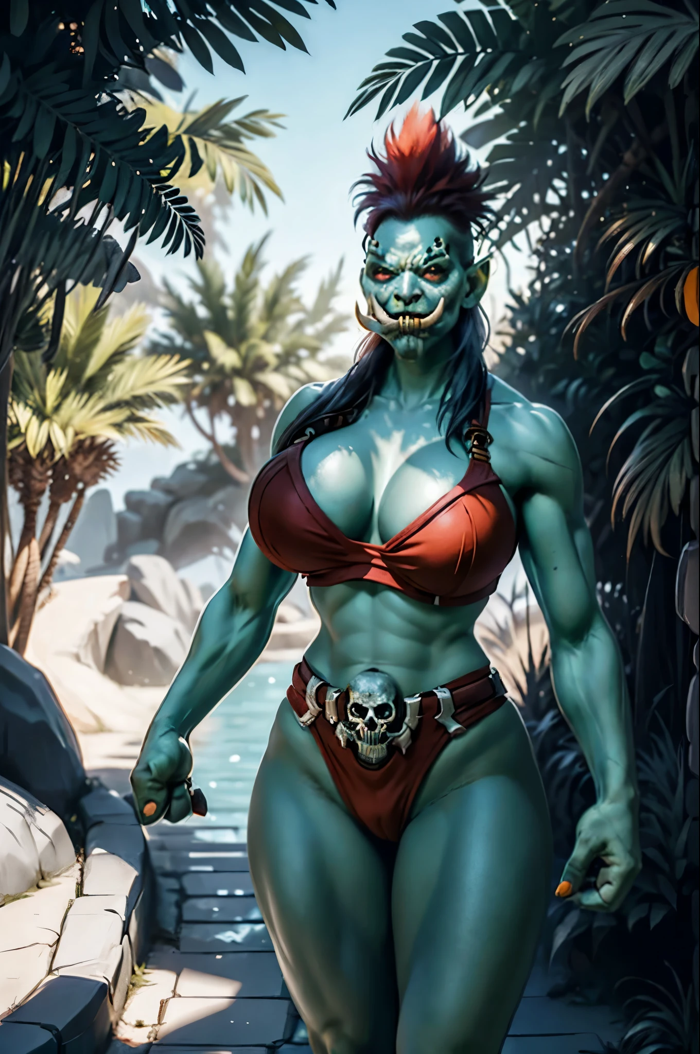 1 girl, beautiful muscular girl, Fangs out, tusks around the mouth, green skin, bare chest, no panties, vaginal hair , hairy pubis, Painted face, large naked breasts, standing nipples, shoulder pads, Red Mohawk, pubic hair,  lance in hand, belt with skull, seashore, palm trees, night, grass, volumetric lighting, Best quality, masterpiece, surrealism, ultrarealism, Hipperrealism 