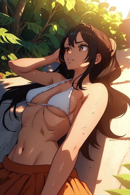(best quality, highres:1.5), 1 girl, tanned skin, anime style, wearing bikini top and long skirt, stomach pain, painfully starving, lying down, sleeping, sun-kissed complexion, detailed facial features – beautiful, sad eyes, long lashes, expressive eyebrows, detailed lips, ultra-fine painting, high contrast, HDR, natural sunlight filter, extreme detail description, curvy body, minimalist design, minimal clothing, visible abs, side view, expressive body language, sweat droplets, emaciated, street scene, outdoor, garden setting, color palette of earth tones, flowers in bloom