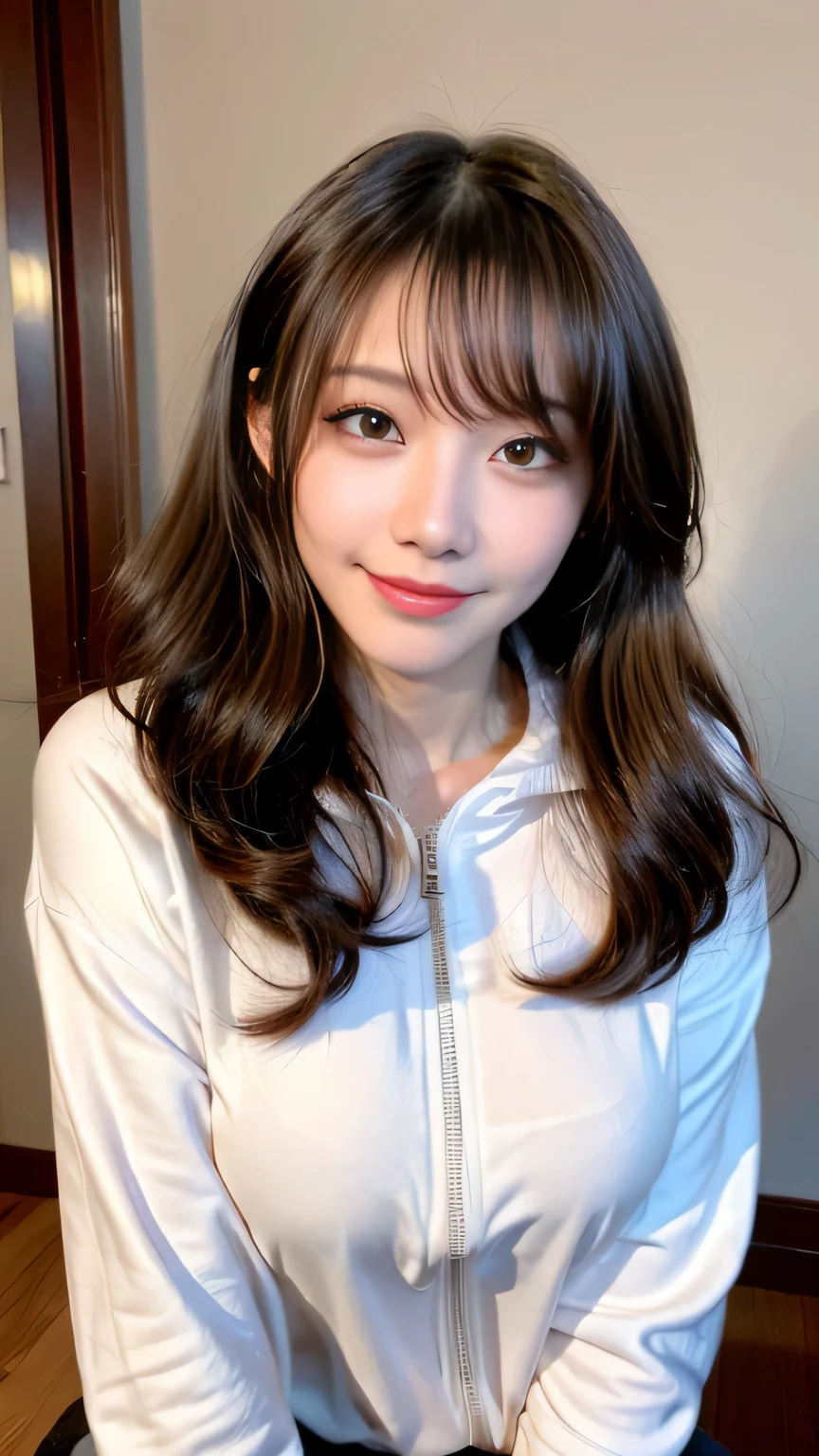 ((highest quality, 8K, masterpiece: 1.3)), concentrated: 1.2, Cute girl 1,nipples erect、Braless walk、 perfect beauty: 1.4,hoodie: 1.2,long sleeve、randal color、comics＆Text Graphics、Black ruffle-trimmed drawstring zip blouse,1.1, Highly detailed face and skin textures, fine eyes, double eyelid, whitening skin, ,highest quality,ultra high resolution,you,1 girl,alone,_shiny_skin,black eye,necklace,((Brown_length_wavy_hair)),(lips)),eyelash,front hair,deal with,compensate,shiny,pore,skin texture,big breasts、smiling face、living、