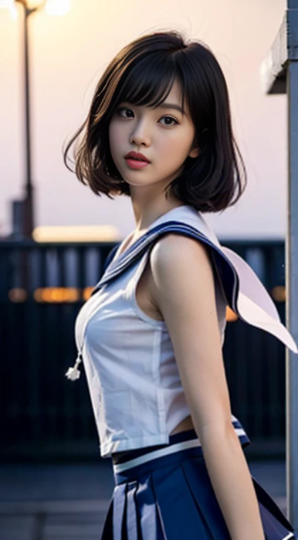 ((realistic lighting、highest quality、8K、masterpiece:1.3))、clear focus:1.2、1 girl、perfect body beauty:1.4、slim abs:1.1、((short black hair、small breasts))、(White sailor suit and navy blue skirt:1.4)、(street)、Idol、super fine face、finely tuned、double eyelid、dark brown eyes、(bangs)、(hyper pretty face:1.5), (japanese women:1.5), ()、beautiful woman、high school girl、、((No panties:1.5))、((Low - Angle:1.5))