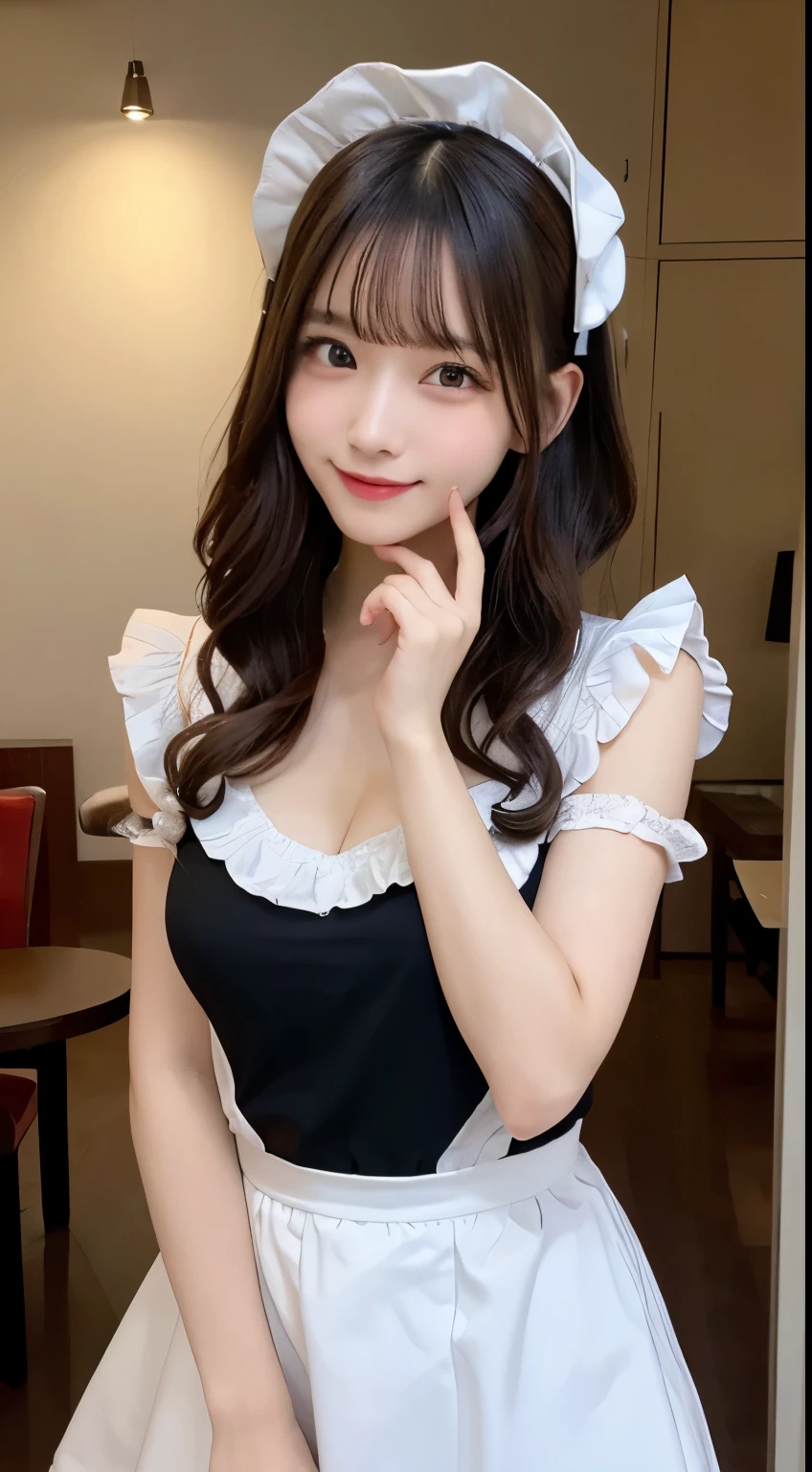 table top, highest quality, figure, Super detailed, finely, High resolution, 8k wallpaper, 完璧なダイナミックな構figure, detailed and beautiful eyes, Maid clothes,medium hair,small breasts natural color lip, bold sexy pose,smile,Harajuku、20 year old girl、cute、sexy shot looking at camera，Maid