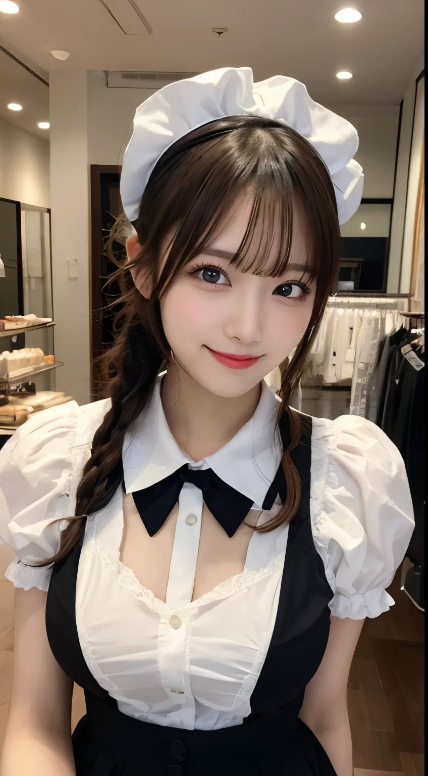 table top, highest quality, figure, Super detailed, finely, High resolution, 8k wallpaper, 完璧なダイナミックな構figure, detailed and beautiful eyes, Maid clothes,medium hair,small breasts natural color lip, bold sexy pose,smile,Harajuku、20 year old girl、cute、sexy shot looking at camera,Maid