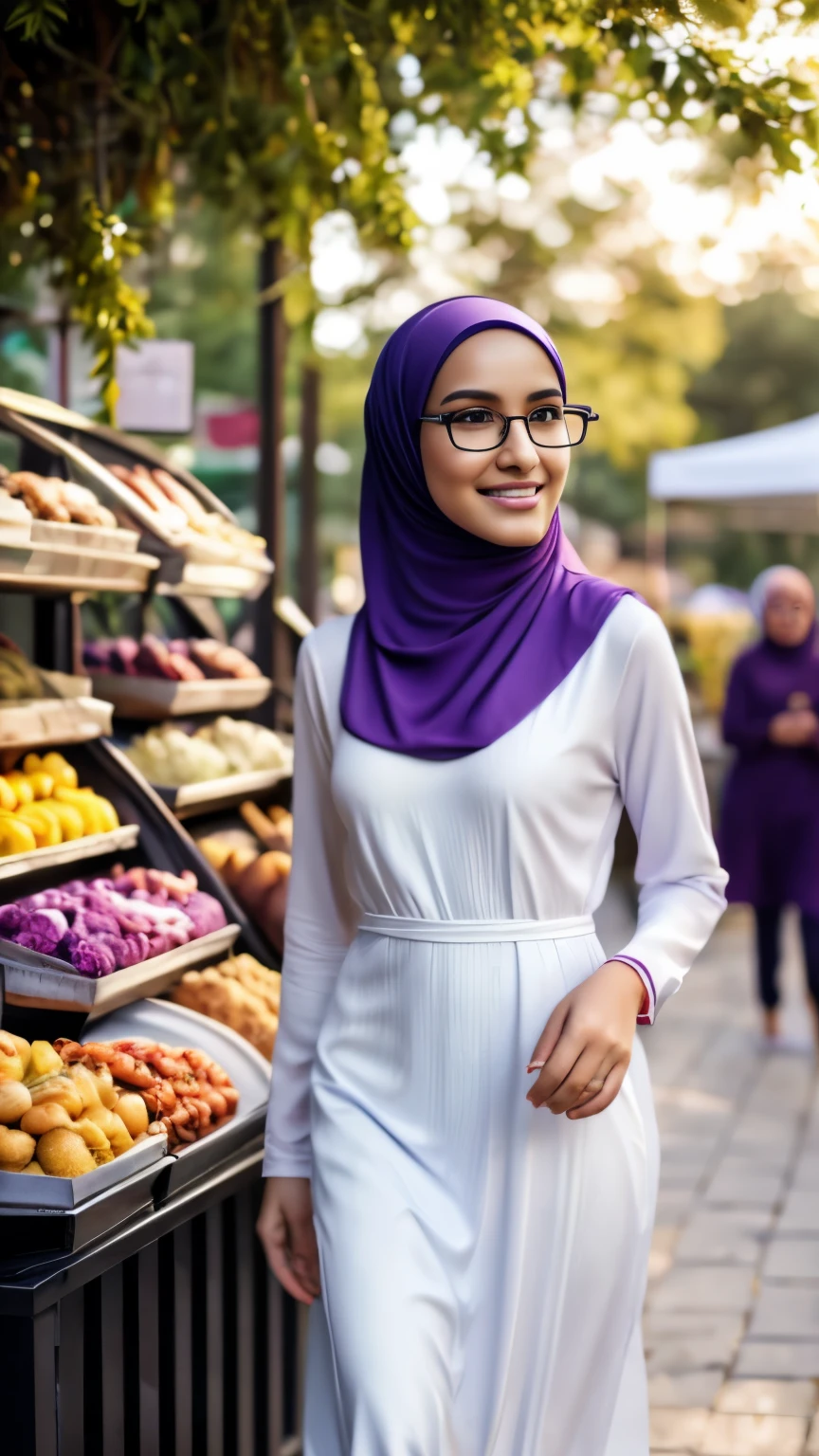 full body image of ultra realistic,16k, enhanced quality, perfect face, perfect hands, perfect body, ultra detailed, perfect hair, girl wearing glasses, perfect glasses, perfect smile, ultra realistic,wearing soft purple hijab, perfect hijab, muslim women white long floral dress, perfect dress, sandals, a purse on shoulder,standing in a market,illustration,cozy atmosphere, morning scene,tranquil surroundings,serene expression,peaceful environment,pleasant weather,blissful ambiance,textured fabrics,exquisite detailing,lively marketplace,loose hijab,comfortable clothing style,serene expression, feminine pose,lively,energetic atmosphere,sunny day,bright and cheerful,face to viewer,body facing to viewer,full body portrait,tall background