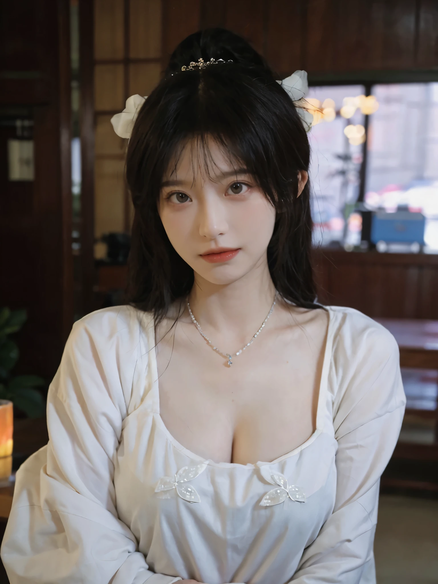 best quality， ultra high resolution， （realistically：1.4），cute hairpin，Baoyu Girl，Standing in the wedding hall，（flat chest：1.2） ，A pair of clear and charming peach blossom eyes,Royal sister，The sun shines on the face，Big wavy hairstyle，（necklace：1.2），（White skin：1.4），a sense of atmosphere，a beautiful girl，Looking directly at the viewer， Close-up cleavage ，(lifelike:1.4),1 girl,Sexy,(Upper body:1.4),(wet),(:1.2)