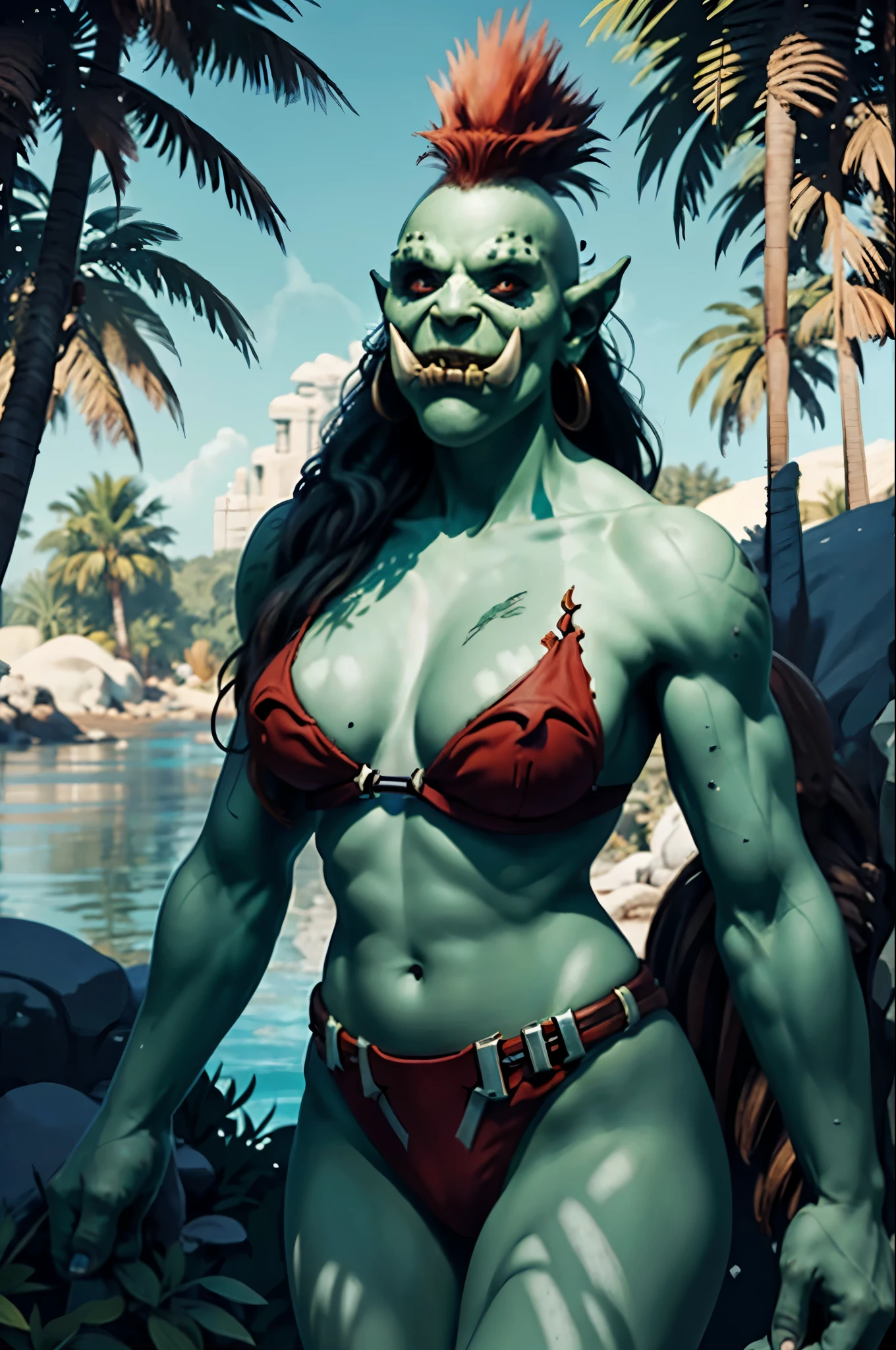 1 girl, beautiful muscular girl, Fangs out, tusks around the mouth, green skin, bare chest, no panties, vaginal hair , hairy pubis, Painted face, large naked breasts, standing nipples, shoulder pads, Red Mohawk, pubic hair,  lance in hand, belt with skull, seashore, palm trees, night, grass, volumetric lighting, Best quality, masterpiece, surrealism, ultrarealism, Hipperrealism 