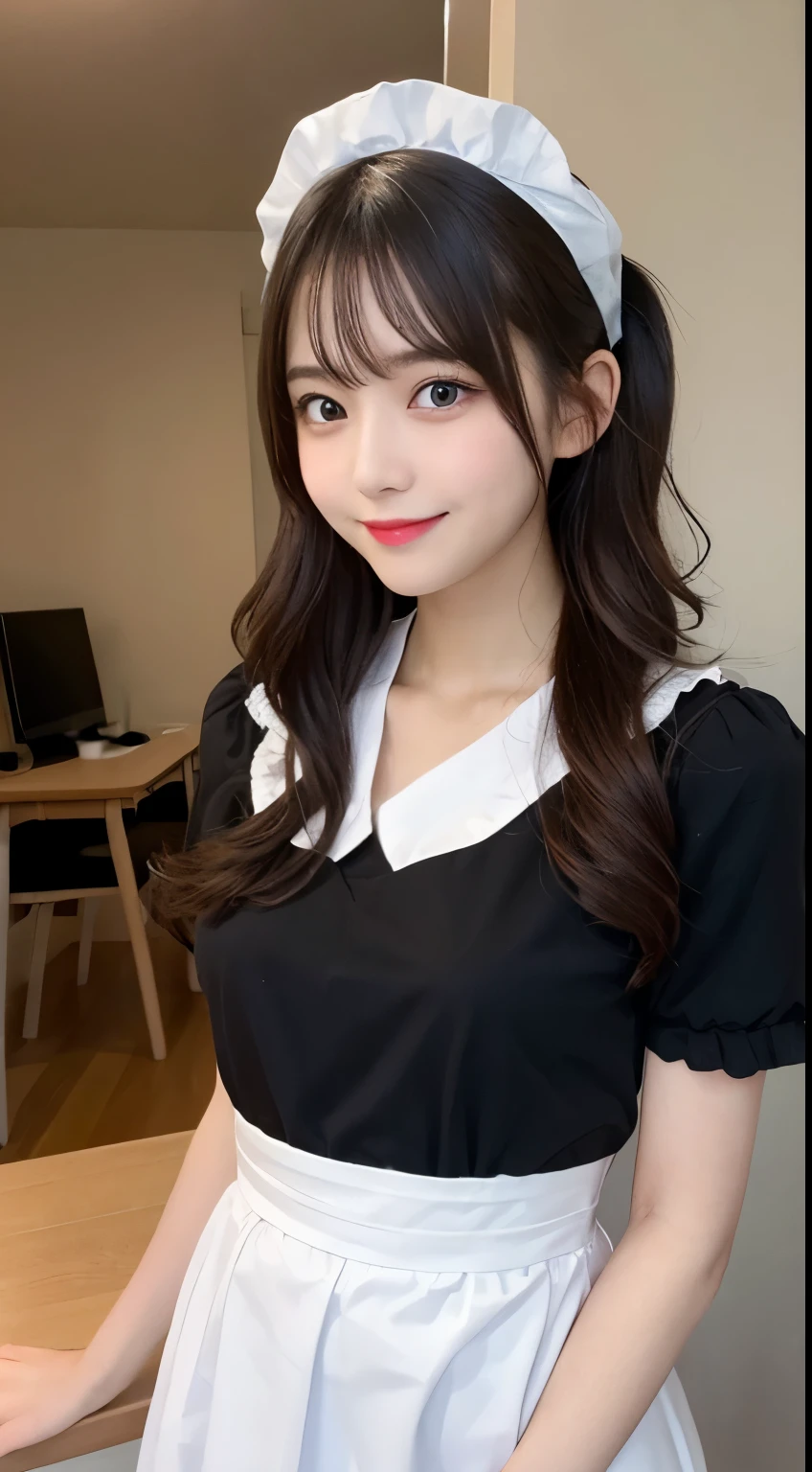 table top, highest quality, figure, Super detailed, finely, High resolution, 8k wallpaper, 完璧なダイナミックな構figure, detailed and beautiful eyes, Maid clothes,medium hair,small breasts natural color lip, bold sexy pose,smile,Harajuku、20 year old girl、cute、sexy shot looking at camera，Maid