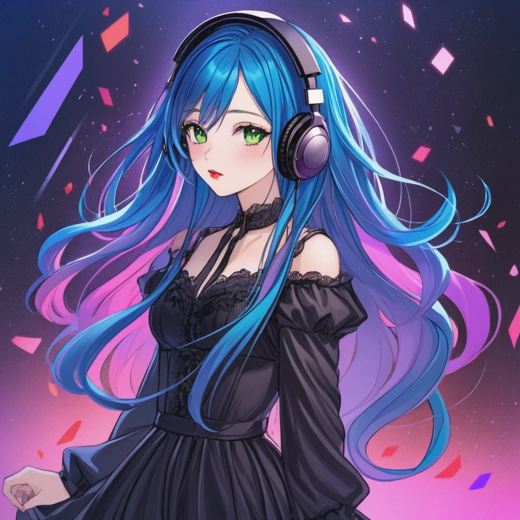 A young and very sexy and beautiful adult woman with large green eyes, long Blue hair. Impeccably make up with red lipstick, dark eyeshadow accentuating her bright eyes. She's dressed in an gothic oversized dress, wearing a black shirt covering her ample bosom. Sporting large, colorful headphones, she giving a side look tô the camera. She is floating in another chaotic dimension, with purple, pink and blue shapes and lights and shadows. 