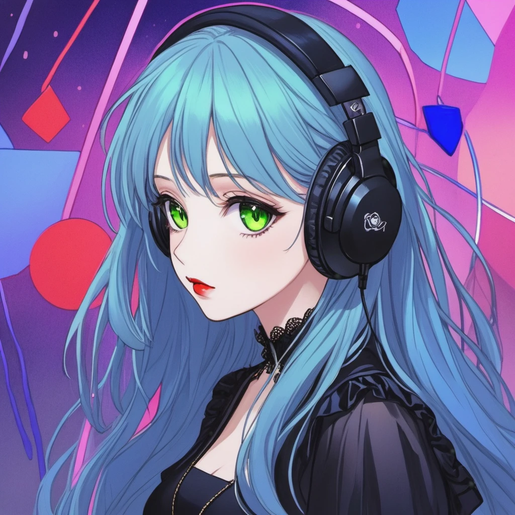 A young and very sexy and beautiful adult woman with large green eyes, long Blue hair. Impeccably make up with red lipstick, dark eyeshadow accentuating her bright eyes. She's dressed in an gothic oversized dress, wearing a black shirt covering her ample bosom. Sporting large, colorful headphones, she giving a side look tô the camera. She is floating in another chaotic dimension, with purple, pink and blue shapes and lights and shadows. 