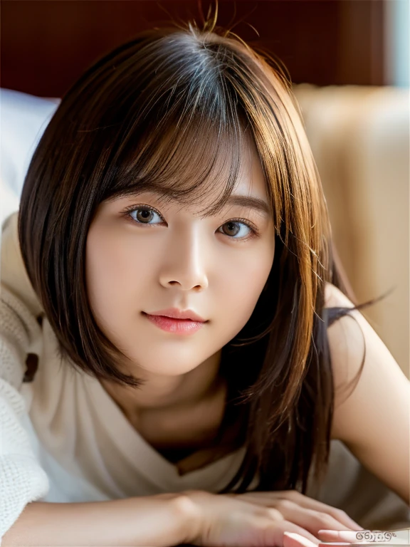 highest quality, table top, 超A high resolution, (realistic:1.4), Raw photo, realistic, 
,((Lie)),full body shot,(detailed face),　(19 year old beautiful japanese girl)、(natural makeup),1 female,brown hair,long hair,asymmetrical hair,asymmetrical bangs, thin,cinematic lighting,luxury hotel room、see-through nightgown、Hide the chest with hair、