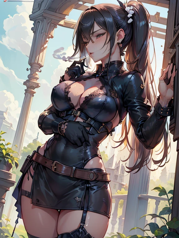22 years old, (milf:0.8), (solo:1.5), (sfw:1.25), cute breast, beautiful breasts, medium tits,black suspenders,(Bulging ,big breasts:1.1),(Black miniskirt:1.3),garters,Gaze,Small face,bangss,holster,Belt Armament,Beautuful Women, thin waist, big ass:1.0, Raised sexy, (dark green mediumlong hair,side ponytail,hair between eyes,bangs, dark blue eyes, light smile, big , Revimpling fabric, earrings, Hand gloves, detailed face,(smoking:1.3),detailed and beautiful eyes,beautiful detailed lips,Rolling her eyes,manner,(ultra high resolution, 8K RAW photo, photo realistics, thin outline:1.3, clear focus), best qualtiy, natural lighting, textile shading, field depth (Bright pupils, fine detailed beautiful eyes with highlight:1.3, high detailed face), Red lip, fine realistic skins:1.1, looking down viewers:1.3, (dynamic angle:1.3, front view:1.1, breast focus:1.3, from below:1.2), (dynamic posing:1.5, sexy posing:1.2, leaning forward),Youghal, side lock, hair ornaments, hair band,nice,garden background,artistic rendering,Super detailed,(highest quality,4k,8K,High resolution,masterpiece:1.2),Bright colors,studio lighting ,in usa military base,