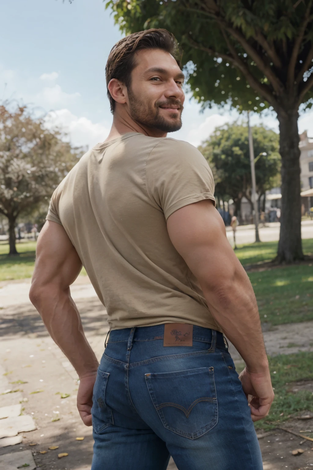 sentémonos_apio, sonrisa, cabello corto, By the chestnut, big muscles, vello facial, ojos verdes, parque, Camiseta sin mangas, bermudas, pecho peludo, nalgon, jeans backside man