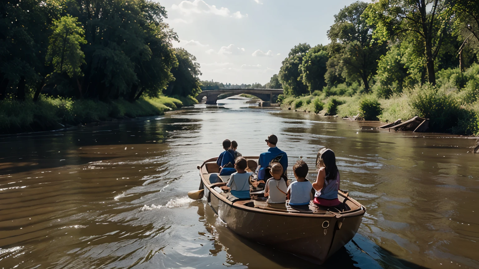 Create an ultra realistic image of a river with several children on the riverbank