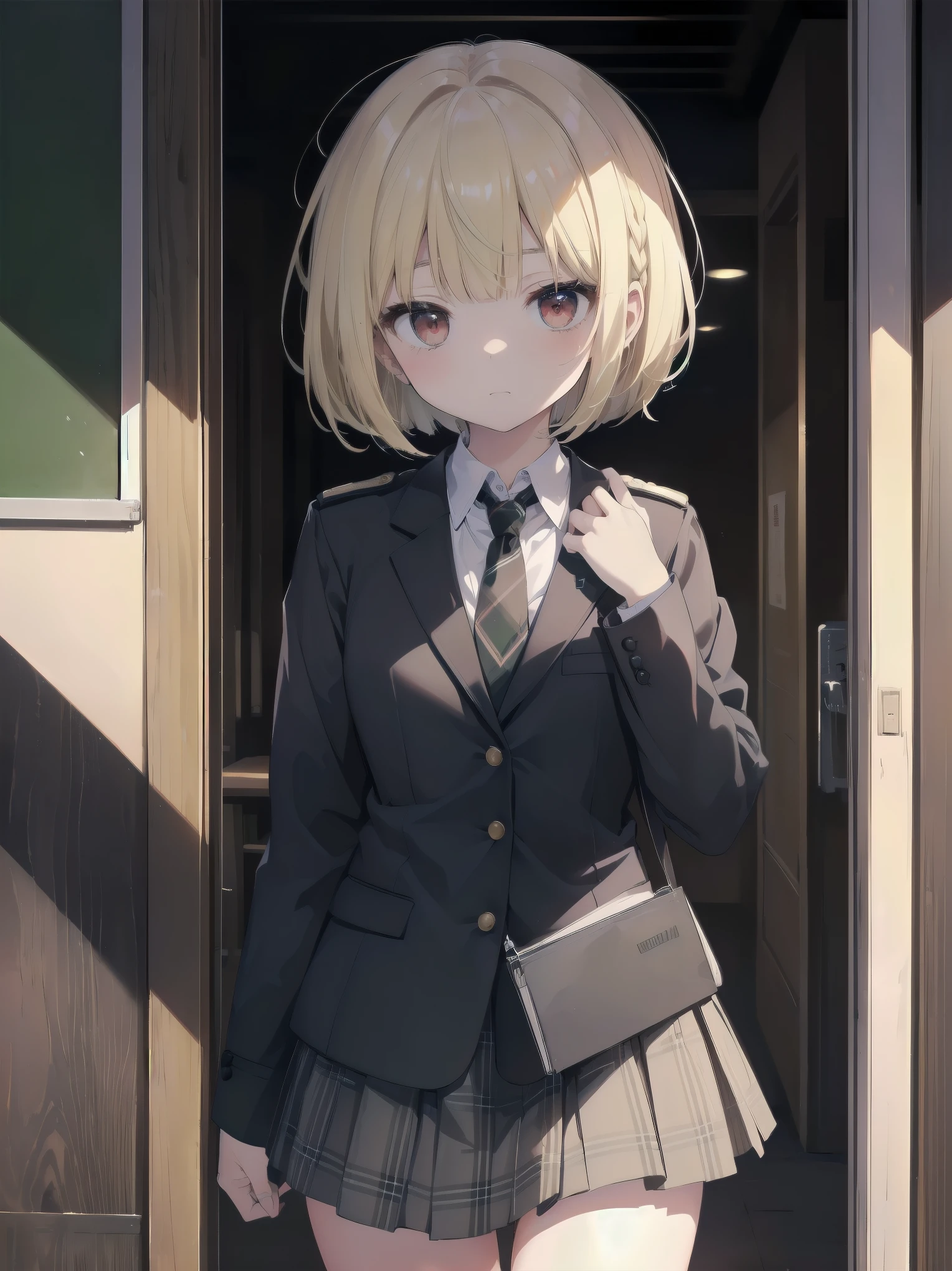 Top-High quality、Highest image quality、masterpiece、high contrast、Elegant、erotic expression、high school girl、blonde、red eyes、Bob cut braids、uniform、(brown blazer)、ribbon tie、(Green and gray plaid skirt)、(black tightovie-like shadows、fine shading、cute、Truly unbelievably cute absurd、outside、school trip、national treasures、Traditional buildings