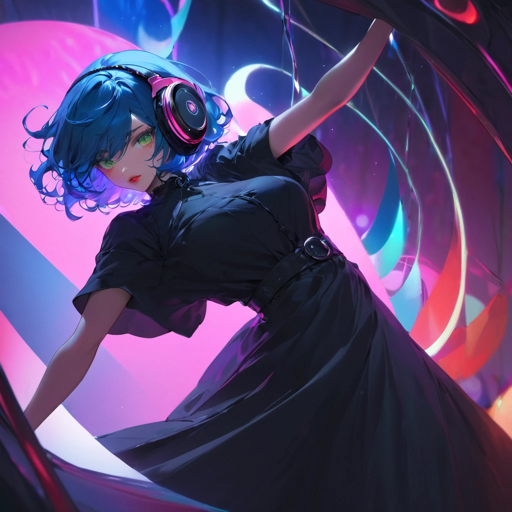 A young and very sexy and beautiful adult woman with large green eyes, long Blue hair. Impeccably make up with red lipstick, dark eyeshadow accentuating her bright eyes. She's dressed in an gothic oversized dress, wearing a black shirt covering her ample bosom. Sporting large, colorful headphones, she giving a side look tô the camera. She is floating in another chaotic dimension, with purple, pink and blue shapes and lights and shadows. 