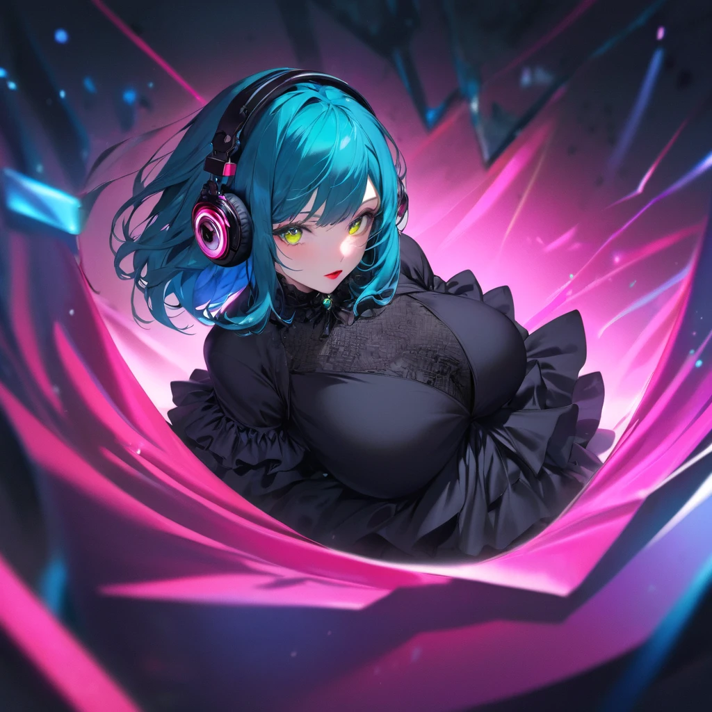 A young and very sexy and beautiful adult woman with large green eyes, long Blue hair. Impeccably make up with red lipstick, dark eyeshadow accentuating her bright eyes. She's dressed in an gothic oversized dress, wearing a black shirt covering her ample bosom. Sporting large, colorful headphones, she giving a side look tô the camera. She is floating in another chaotic dimension, with purple, pink and blue shapes and lights and shadows.