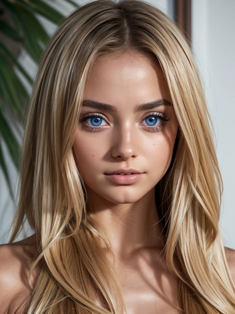 Realistic, best quality, (Young Ana de Armas), (completely nude), symmetric face, (tanned skin, upturned eyes, big eyes:1, blue almond eyes, long blonde hair), dark_skin:0.6, round cheeks, (feminine prominent cheekbones:1), small_eyebrows, (upper_body:1.5), (wistful smile), (looking_at_viewer), 