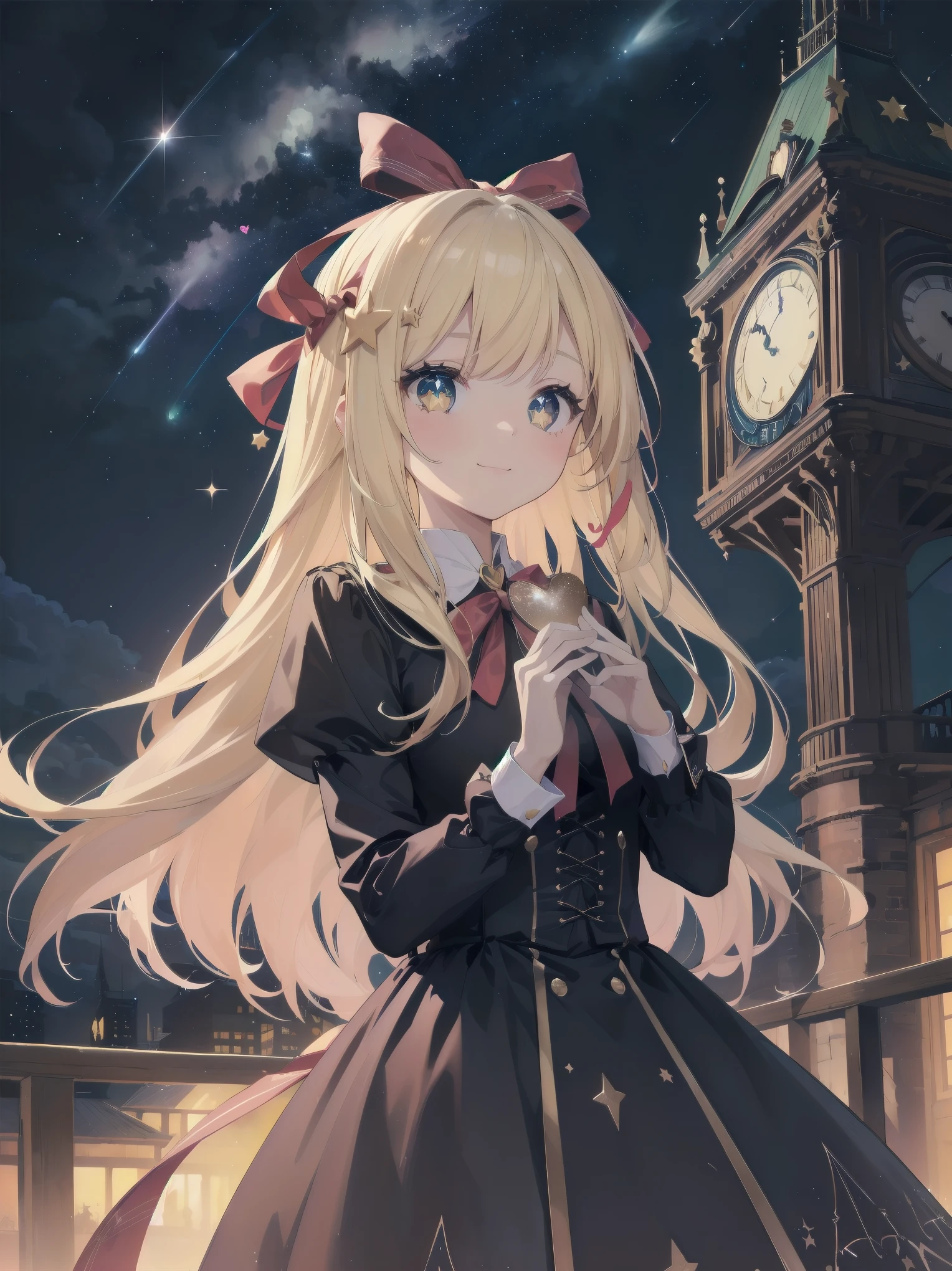 absurdres extremely detailed CG,high resolution,(best quality:1.3),(best masterpiece:1.3),super fine illustration,vibrant colors,official art,8k wallpaper,(looking away:1.3),dynamic depiction,dynamic angle,dynamic pose,depth of field,cinematic lighting,BREAK,(one beautiful girl:1.3),solo,blonde hair,very long hair,shiny hair,Silky hair,yellow eyes,deep detailed eyes,cute eyes,sparkling eyes,(seductive smile:1.3),natural make,BRAKE,((wonderland)),Gothic decoration,((sticker style)),(heart item,star item,ribbon:1.5),(symbolic:1.2), conspicuous,(star glitter and hart glitter:1.5),(kawaii town at night:1.5),(big clock tower:1.2),(Meteor shower,star and hart effect:1.3),