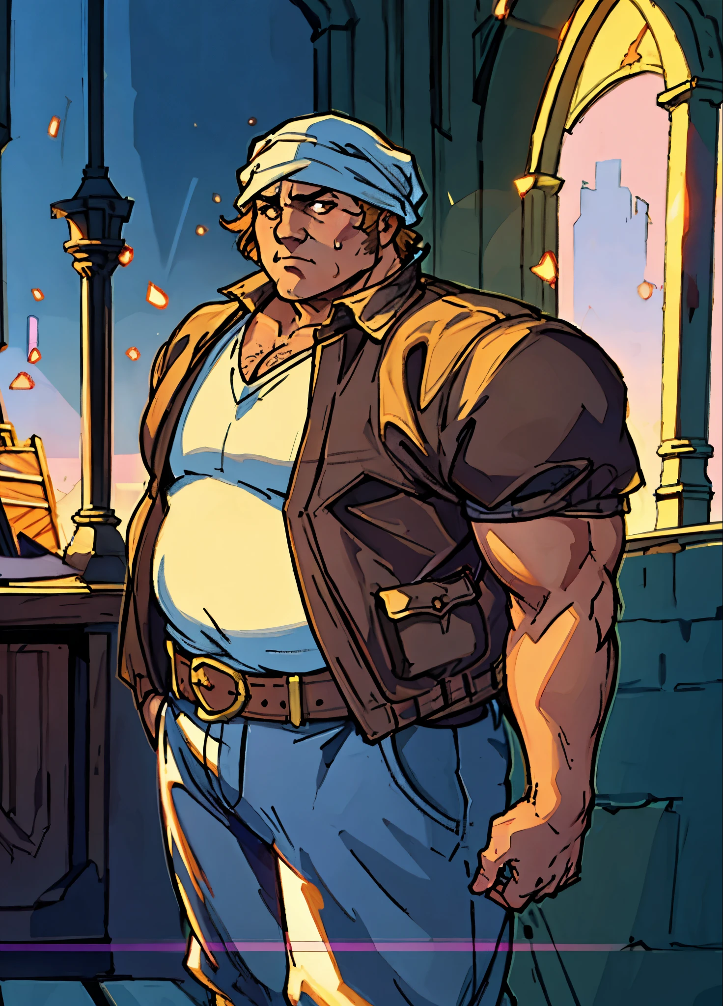 A man with short hair wrapped in a headscarf, side-parted bangs, determined large eyes, chubby cheeks, extremely robust physique, brown skin, dressed in an open fantasy-style shirt jacket with a V-neck undershirt, short sleeves, the jacket features small pockets, a cloth belt wraps around his waist, linen trousers, he stands sweating in the intense sunlight of a fantasy-style marketplace, this character embodies a finely crafted fantasy-style obese merchant in anime style, exquisite and mature manga art style, high definition, best quality, highres, ultra-detailed, ultra-fine painting, extremely delicate, professional, perfect body proportions, golden ratio, anatomically correct, symmetrical face, extremely detailed eyes and face, high quality eyes, creativity, RAW photo, UHD, 32k, Natural light, cinematic lighting, masterpiece-anatomy-perfect, masterpiece:1.5