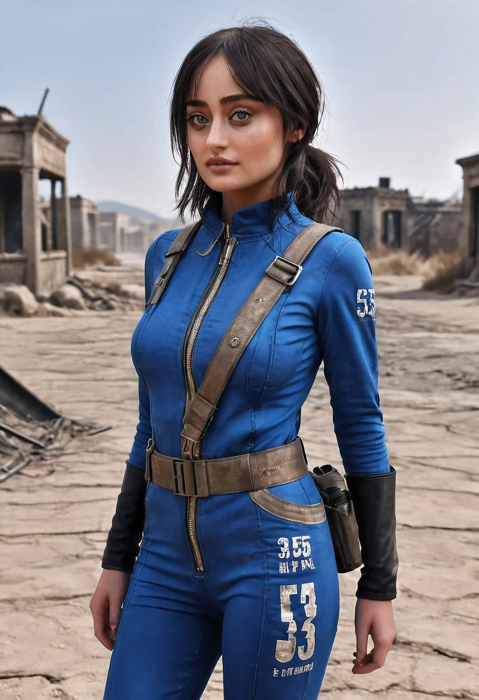 1 girl, Ella Purnell as Vault Resident 33 (Fallout), black hair,walks along the postosha,endless desolations,Ruins of Houses,covered with sand,scorching sun, close photo of a girl, close-up,photorealism,2k render,sexsy,20yo,dirty and torn blue overalls with the inscription 33 (futuristic blue jumpsuit, future, Voltek Vault Resident Uniform), shelter resident 33,pistol on the belt,post apocalypse,