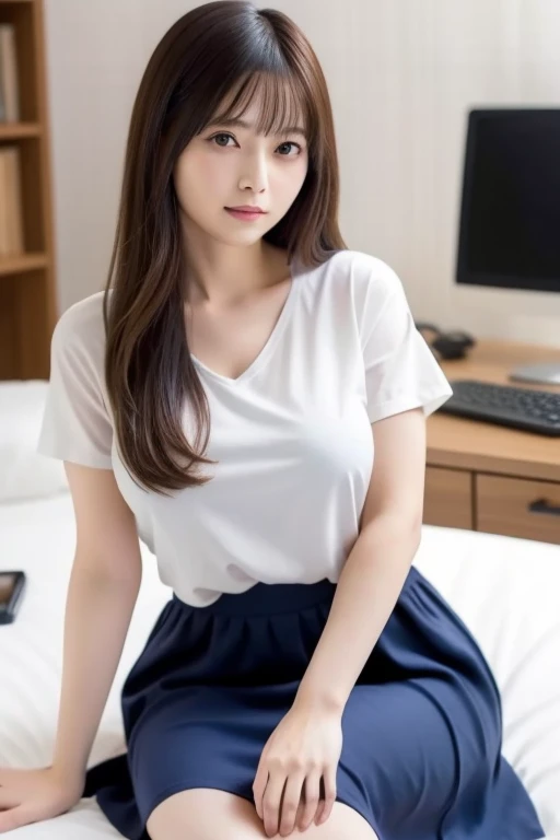 (8K, top-quality, masterpiece:1,2), (reallistic, Photorealsitic:1.37), Super Detail, One girl,), (Highly detailed), (beautifully detailed eyes), (of the highest quality), (super detailed ), (masterpiece), (Detailed face),20yr old, ,1 girl, black hair,Very short hair, medium breasts, full body, looking at viewer,clothed, daytime, sunny wariza on the bed, breast focus, sitting on the cheer,At work, wearing glasses, working on a computer, from the side, office lady