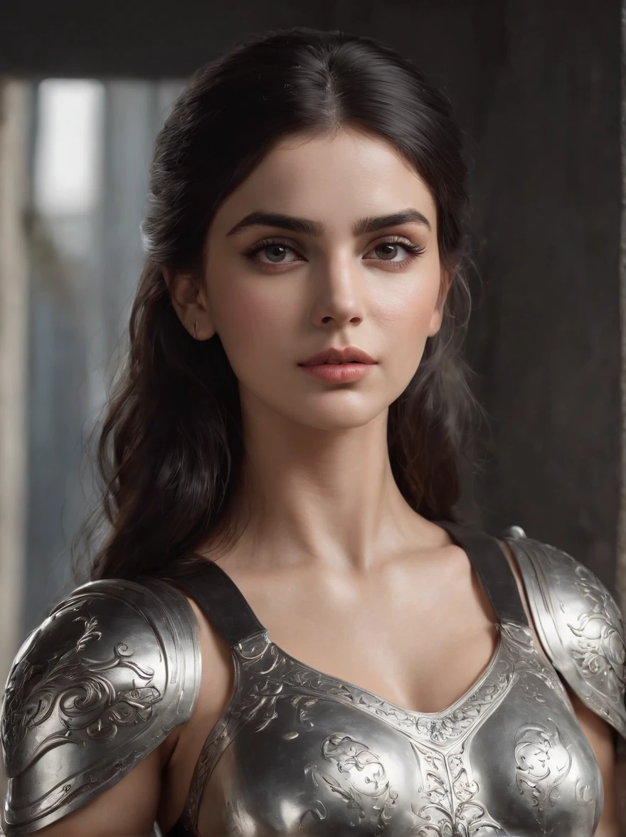(professional 3d rendering:1.3) de (realista:1.3) The most beautiful art photo in the world Includes a heroine and warrior, ((epic hero, Frau fantasia, Lindos pretos olhos muito detalhados, Rosto muito detalhado e bem marcado de adulta, long voluminous and wavy wild black hair and sensual expression in dynamic pose, ela é uma guerreira with very realistic silver and black armor, Fantastic location, majestoso, Ambiente confuso)), Full-body rendering of 8k units, action photo, very dark lighting, sombreamento pesado (Sombreamento pesado) (Sombreamento pesado) (Sombreamento pesado), Detalhado, Detalhado rosto como Emeraude Toubia, (Lebhdet, realista fotogrdeieren, realista, dramatic, escuro, sharp focus, 8k), (complicado:1.4), (altamente detalhado:1.4), pintura digital, Rendering de Octane, art stations, arte conceitual, suave, sharp focus, illustration, Kunstkeim, (lazy:0.23), wlop ilya kuvshinov, e Greg Rutkowski e Alphonse Muito obrigado, (Global illumination, studio light, voluptuous light), (Fundo escuro e antigo da cidade:1.3),Sociedade CGS,art stations